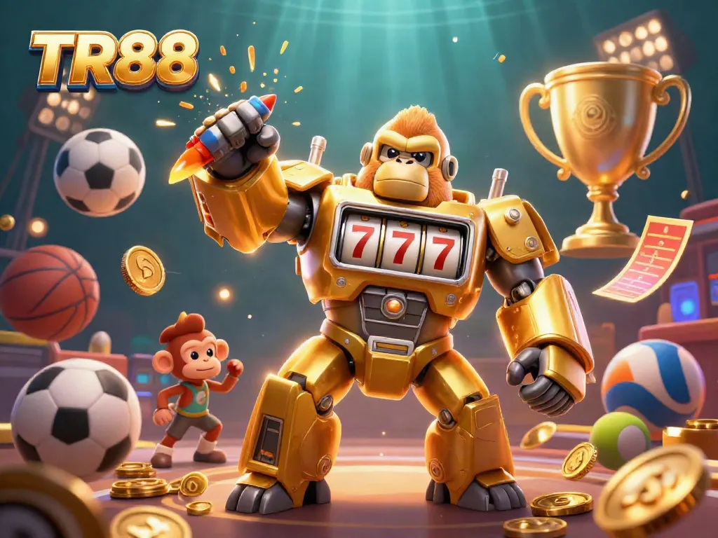 Experience the excitement of TR88 with a dynamic illustration of a golden gorilla mech symbolizing online gaming success.