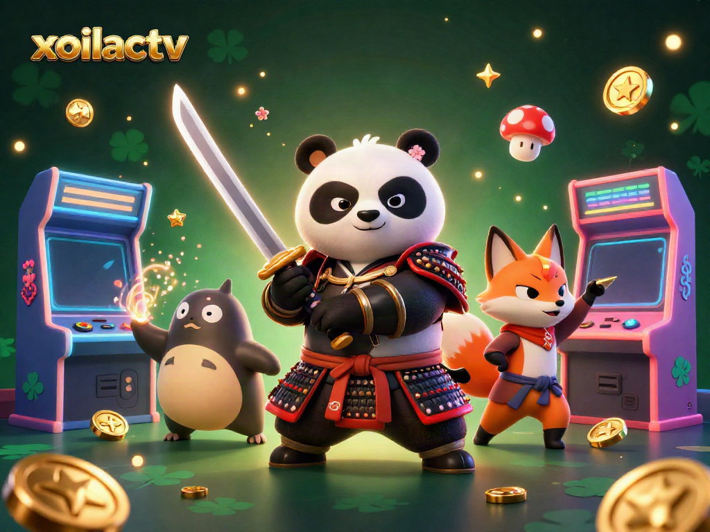 Xoilactv showcases a vibrant gambling scene with samurai panda, ninja fox, and magical tanuki amidst arcade machines.