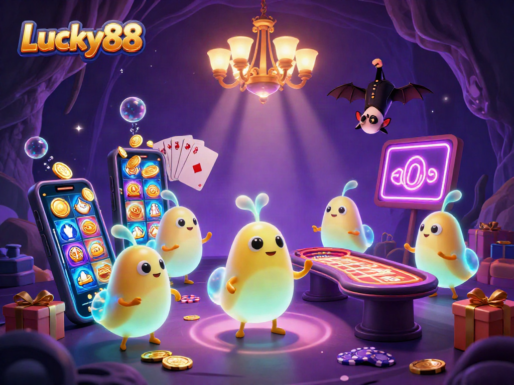 Experience winning with Lucky88 in a vibrant cave casino illuminated by glowworms.