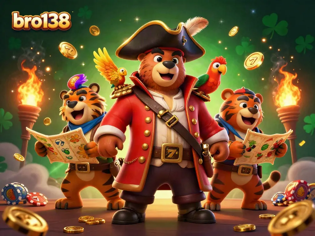 Experience thrilling slots with bro138 featuring a pirate captain bear and his tiger mate in a vibrant casino scene.