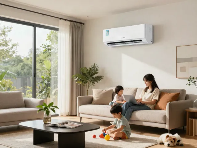 24000 BTU mini split air conditioner in a stylish living room with family enjoying comfort and coolness.