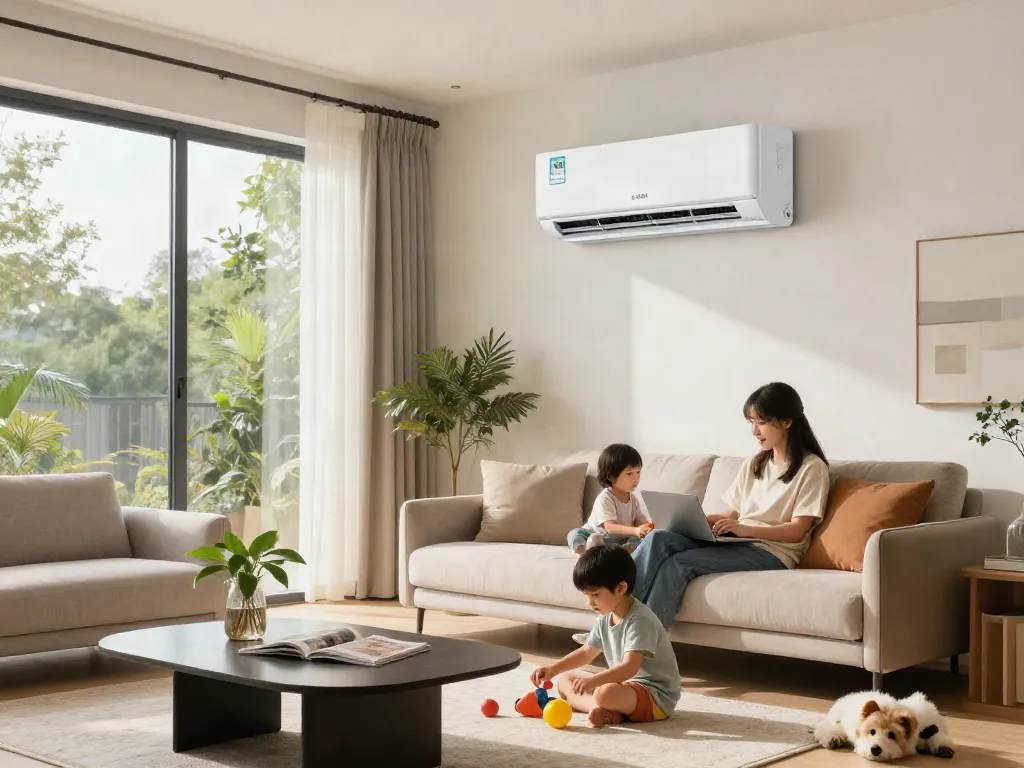 24000 BTU mini split air conditioner in a stylish living room with family enjoying comfort and coolness.