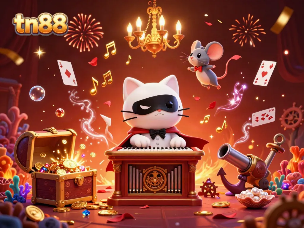 Engage in thrilling casino action with tn88 as the cat serenades at the organ amidst floating golden coins.