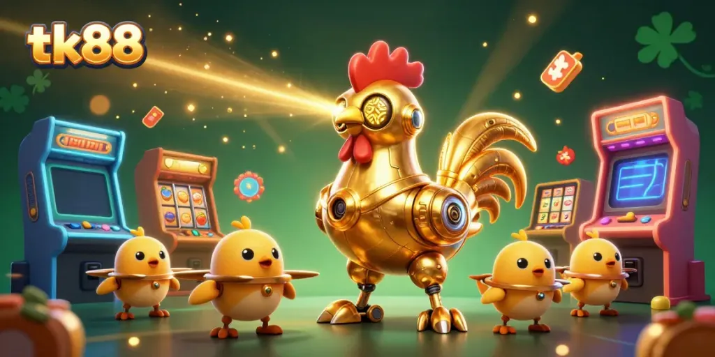 tk88 highlights dynamic gaming with a golden rooster robot in a vibrant casino setting.