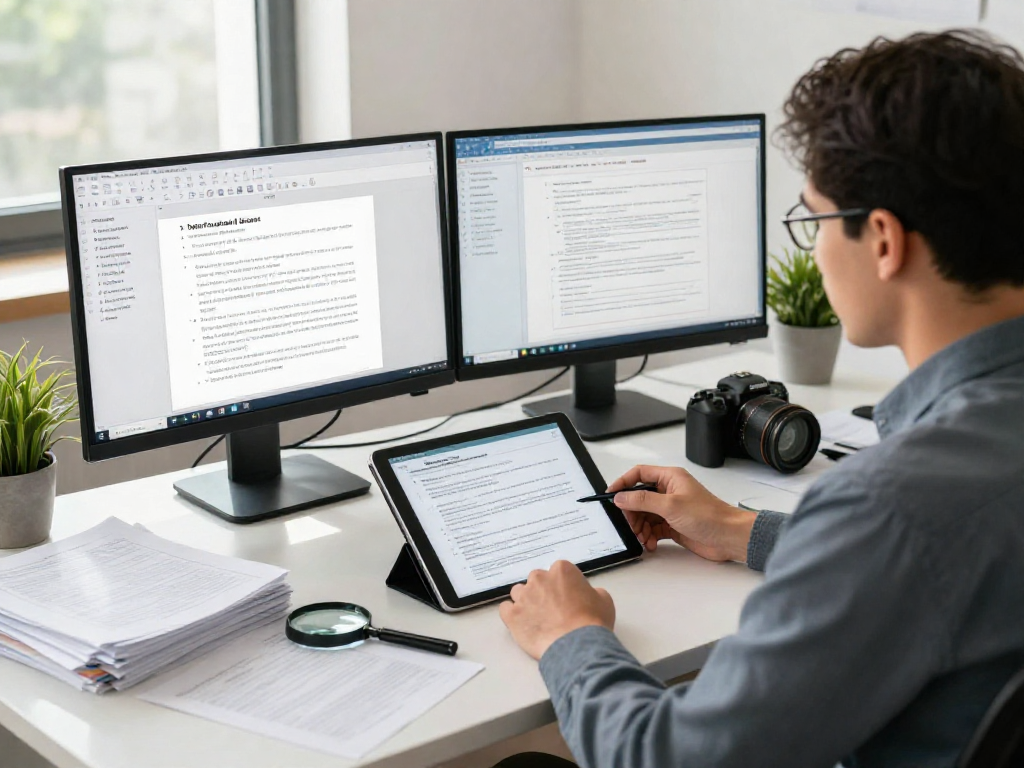 Analyst focusing on document fraud detection in a modern office environment with dual monitors displaying analytics and reports.