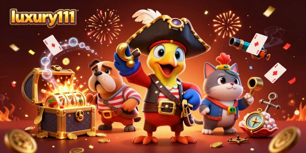 Experience thrilling wins with luxury111 slots depicted by pirate captain, treasure, and celebration elements.