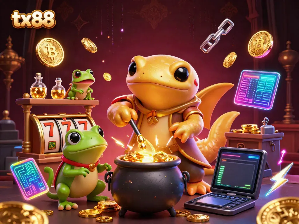 Experience the magic of tx88 with a golden salamander and treasure-filled laboratory scene.
