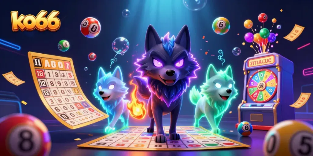 Experience thrilling casino action with ko66’s vibrant illustration of wolf characters and dynamic gaming elements.
