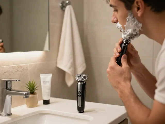 Grooming scene with a man using a stylish electric shaver from shaverinfoformen.com in a modern bathroom.