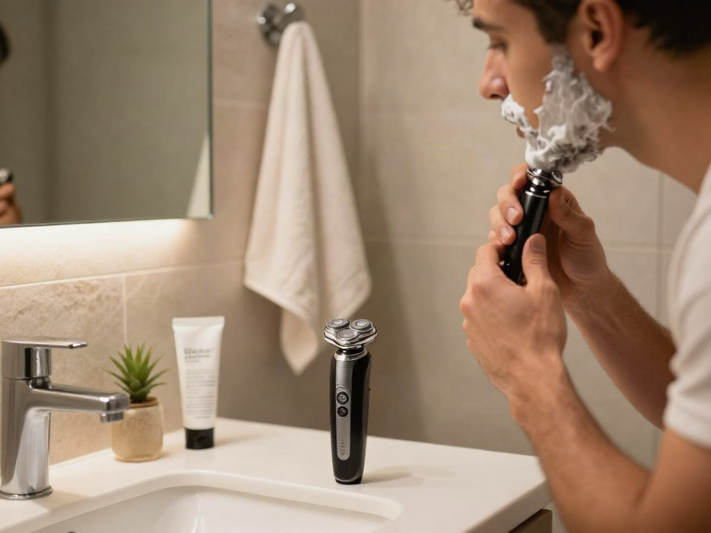 Grooming scene with a man using a stylish electric shaver from shaverinfoformen.com in a modern bathroom.
