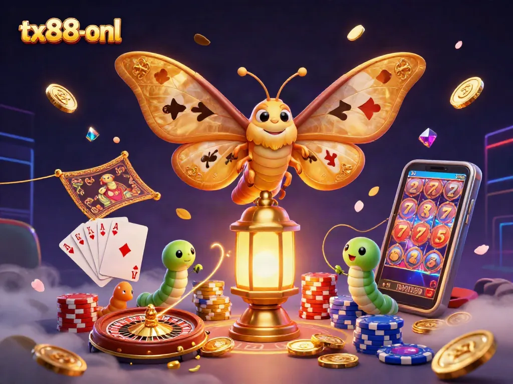 Engage with tx88-onl as golden moths illuminate spinning roulette and vibrant playing cards.