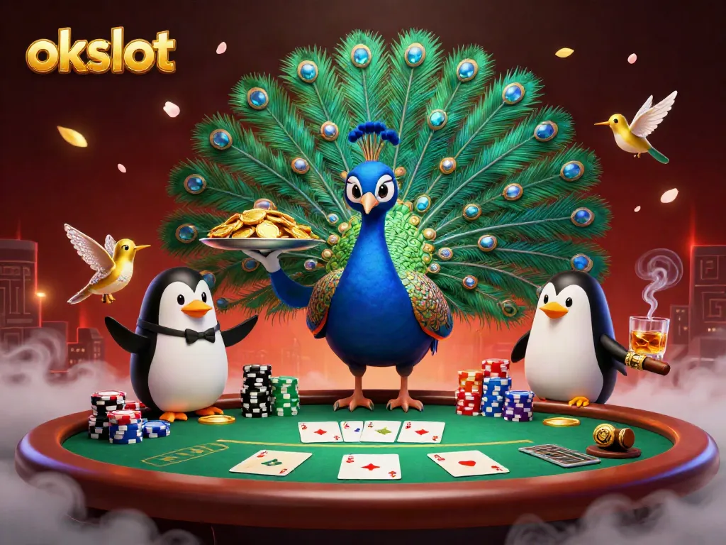เล่นเกมสล็อตออนไลน์ที่ OKSLOT โดยมีนกยูงและเพนกวินนำโชคท่ามกลางชิปคาสิโน