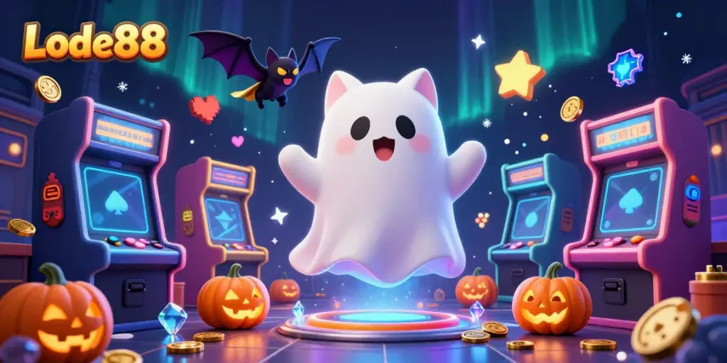 Engage with Lode88's vibrant haunted casino featuring playful ghost cat amidst slot machines.