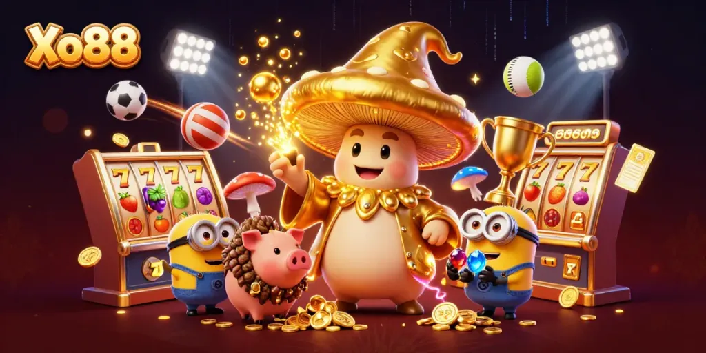 Xo88 offers thrilling slots and sports betting experiences with golden characters, coins, and dynamic gameplay.