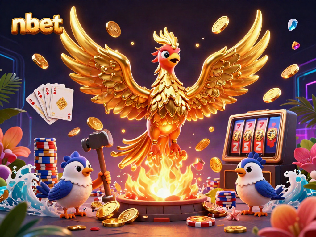 Experience thrilling gameplay with nbet's 3D slots featuring golden coins, legendary phoenix, and royal flush cards.