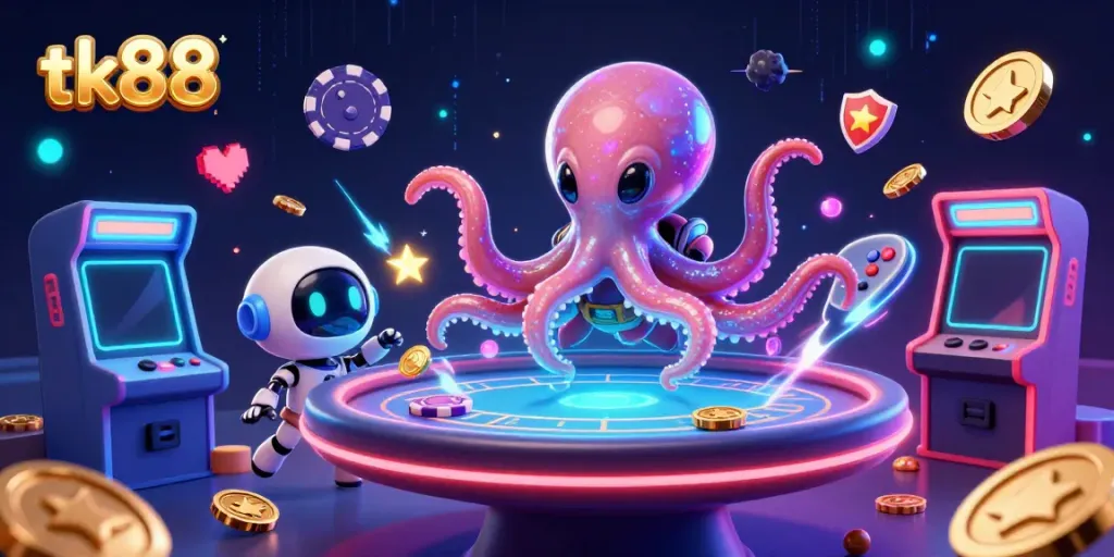 Engage with tk88's vibrant poker action featuring a playful alien octopus and its robot sidekick.