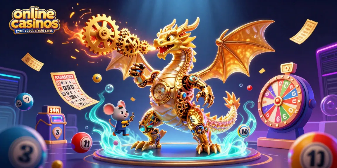 Experience online casinos that accept credit card with a dynamic scene featuring a biomechanical dragon and vibrant game elements.