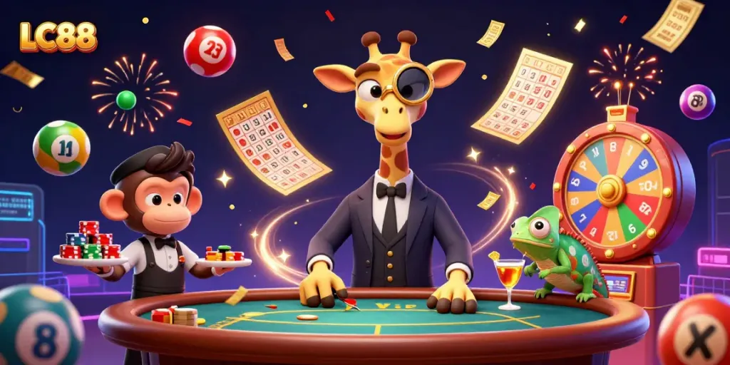 LC88 scene featuring a giraffe in a suit, lottery elements, and vibrant casino ambiance
