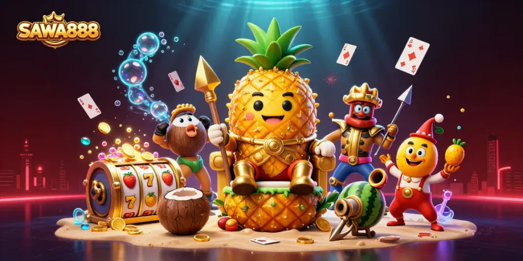 Engage with thrilling slots at SAWA888 featuring a vibrant casino scene filled with gold coins and playing cards.