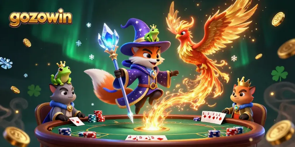 Experience thrilling poker action with gozowin, featuring a mystical wizard fox and phoenix in a vibrant casino.
