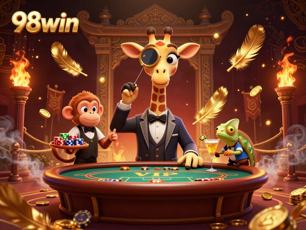 Experience high-stakes gaming with 98win featuring a giraffe at a VIP poker table amidst casino elements.