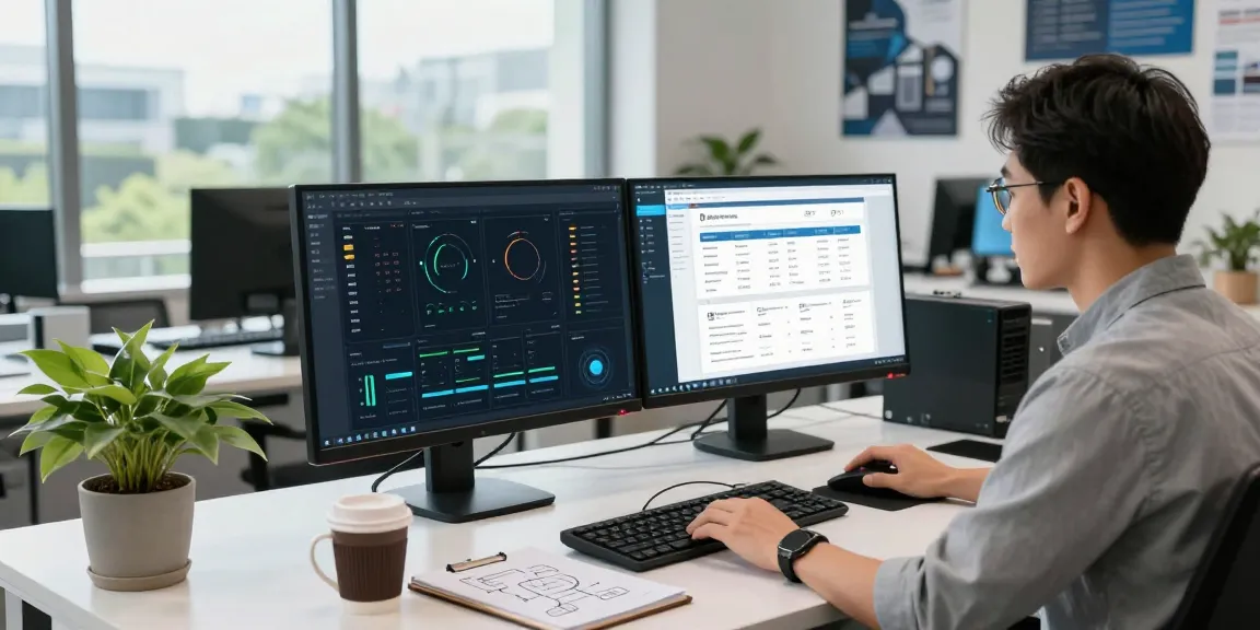 IT technician managing Web Hosting Service by Hostneverdie in a bright office setting with dual monitors and performance metrics.