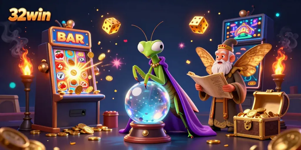 Engage in exciting casino action at 32win with a 3D scene featuring a mystical fortune teller and lavish jackpots.