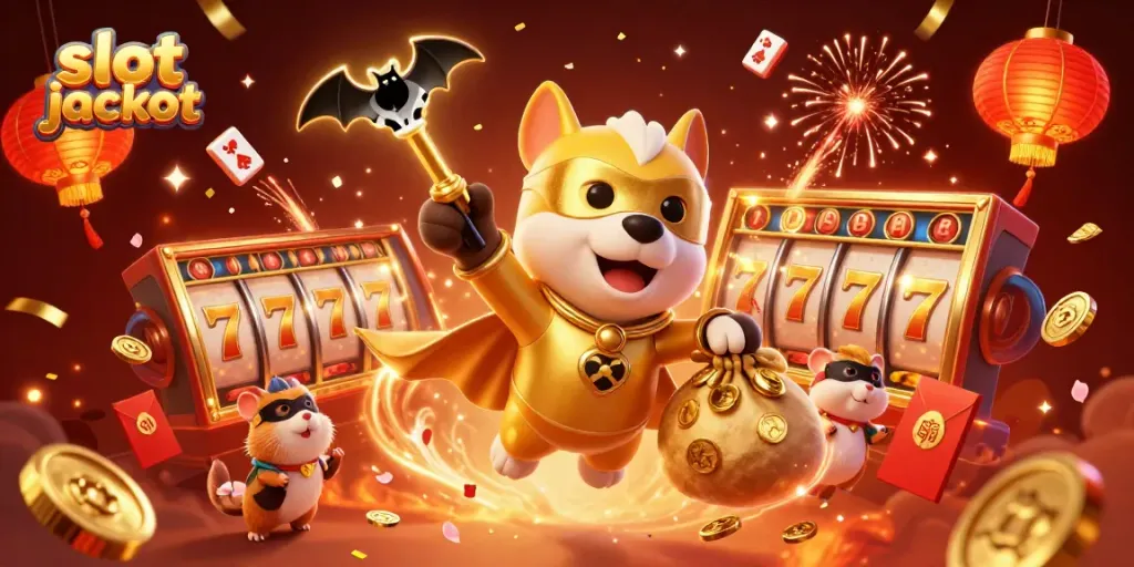Menggenggam slot jackpot, superhero anjing terbang dengan koin emas dan seekor hamster kecil di punggungnya