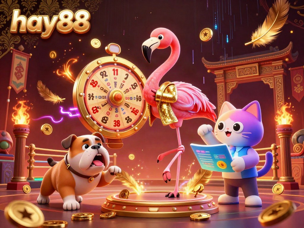 Experience thrill with hay88 as a flamingo game show host spins a golden prize wheel.