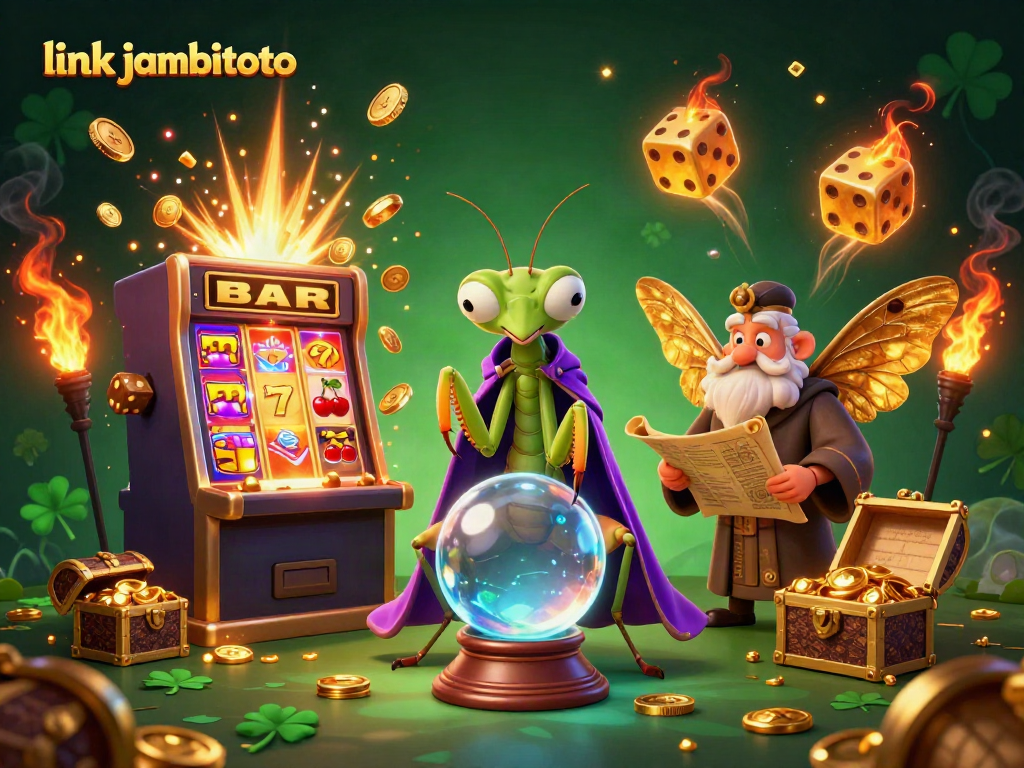Engage with link jambitoto through vibrant 3D casino illustration featuring dynamic characters and symbols.