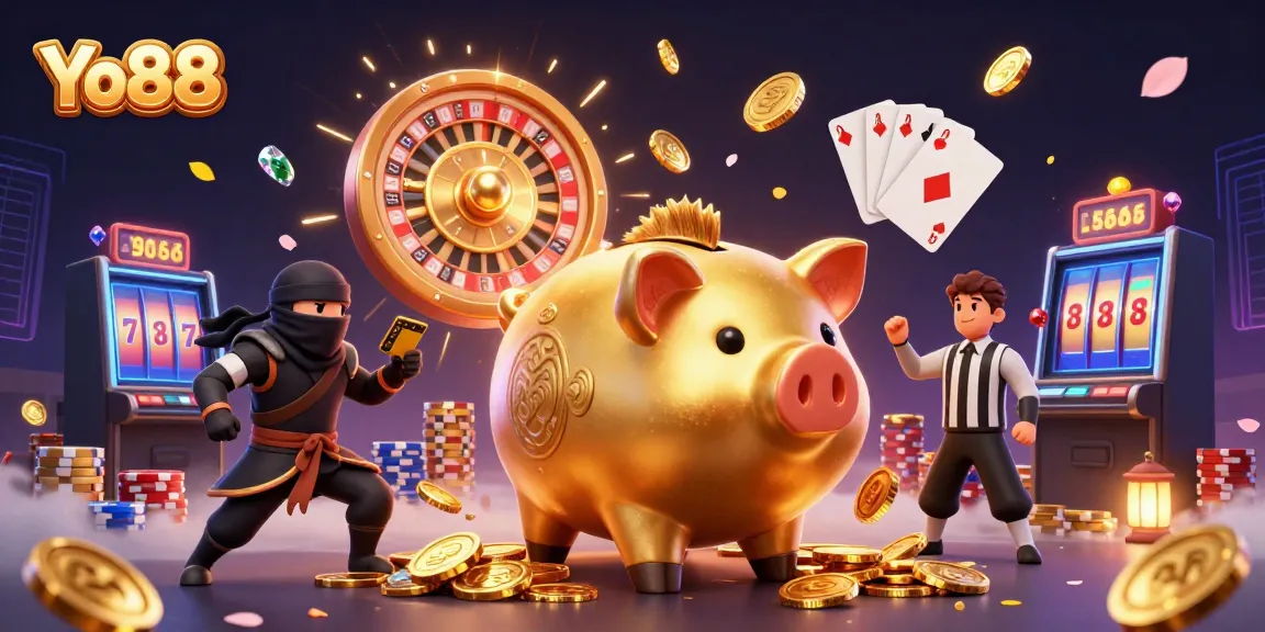 Experience Yo88 with a lively scene of a golden piggy bank wrestler amid flying coins and vibrant game elements.