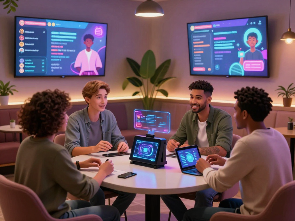 Engaging porn chat AI interaction scene showcasing diverse virtual lounge with animated characters and modern technology.