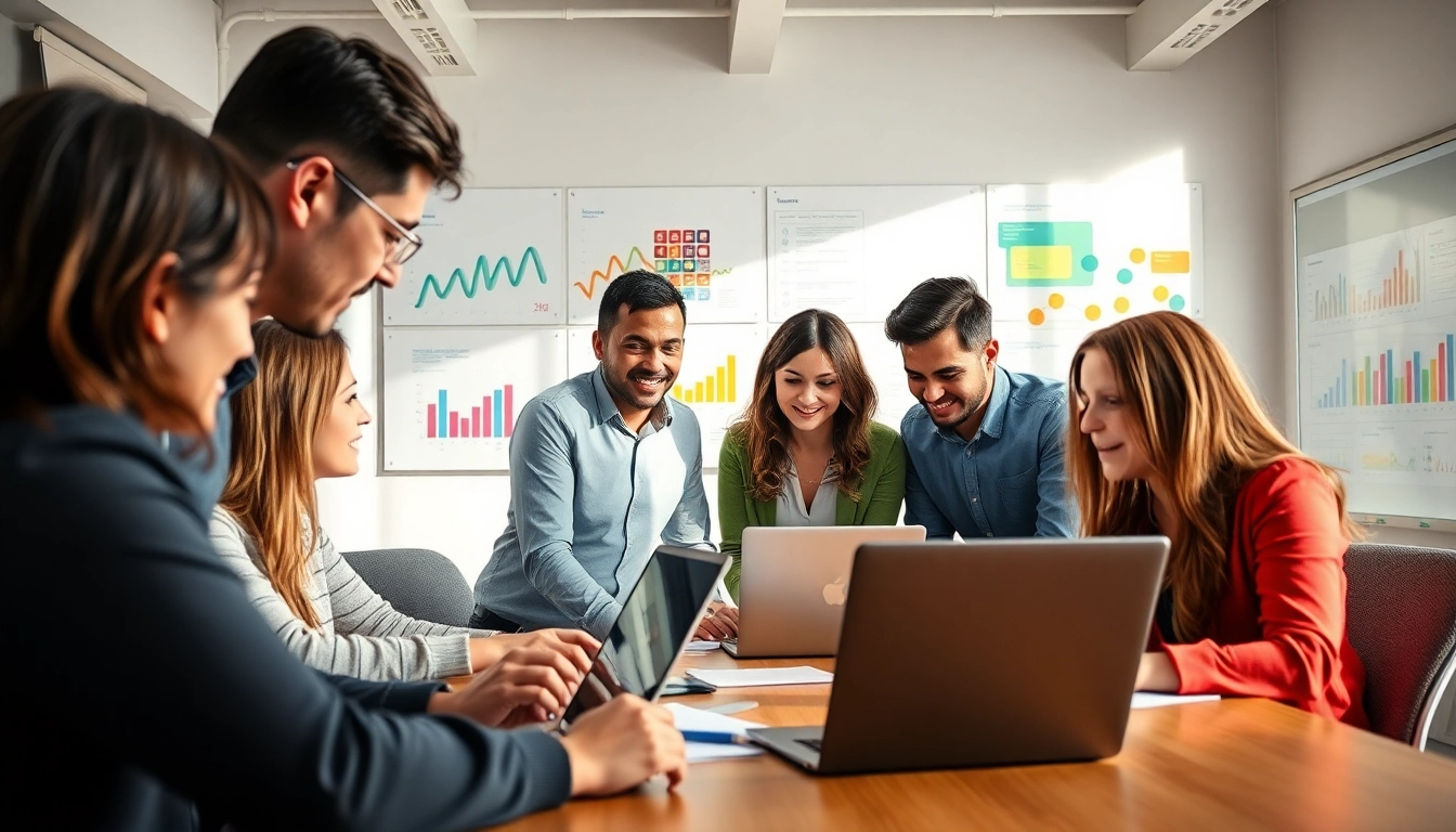 Engaged digital marketing team discussing strategies in a vibrant office setting.