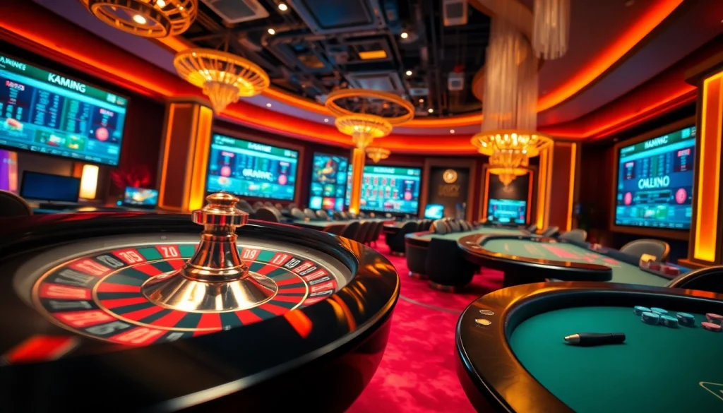 The nohu90 platform showcases an engaging casino scene with a spinning roulette wheel and lively gaming tables.