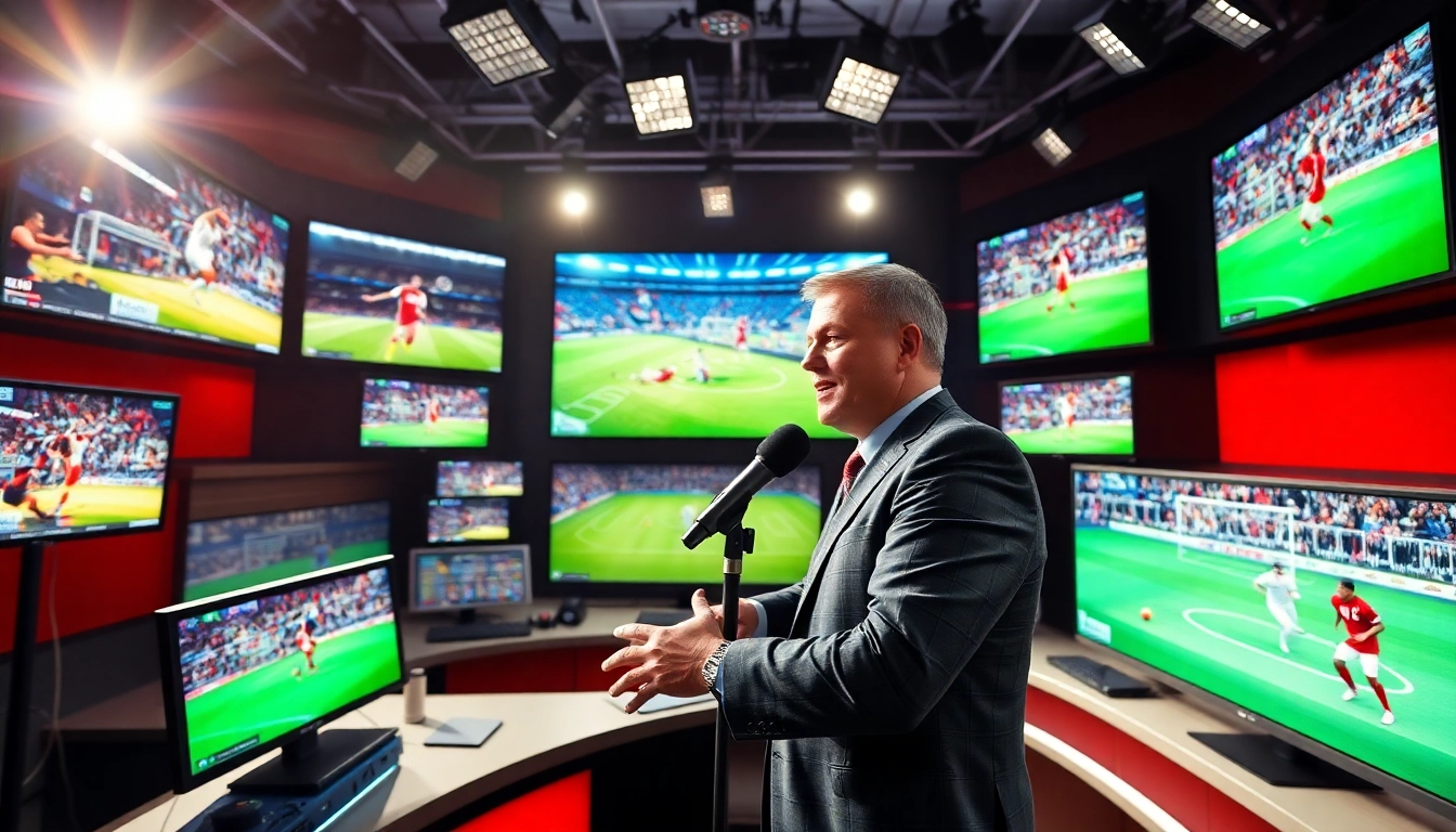 Capture energy of Sports Broadcasting with a professional host in a vibrant studio setting.