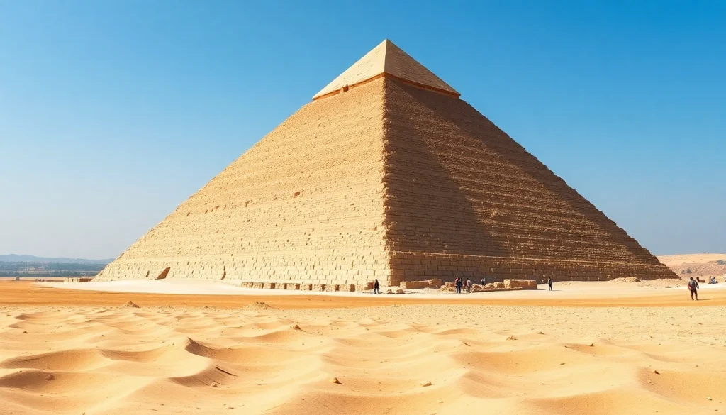 View of the Great Pyramid of Giza at https://piraminds.com/ showcasing its massive structure against the sky.