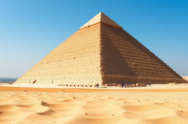View of the Great Pyramid of Giza at https://piraminds.com/ showcasing its massive structure against the sky.