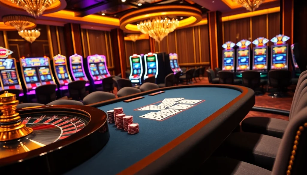 Experience NK88's vibrant casino atmosphere with poker tables, roulette wheels, and slot machines.