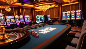 Experience NK88's vibrant casino atmosphere with poker tables, roulette wheels, and slot machines.