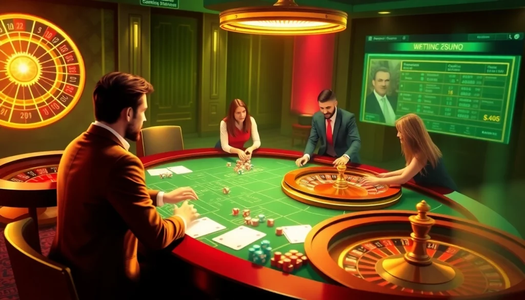 Players engaging in online casino fun at f8bet.io with vibrant poker tables and roulette wheels.