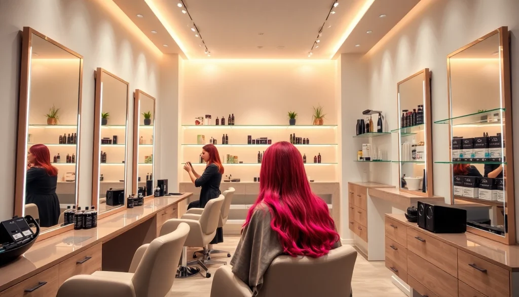Hair salon in San Diego, showcasing a stylist applying vibrant color to a client's hair in a warm, modern setting.