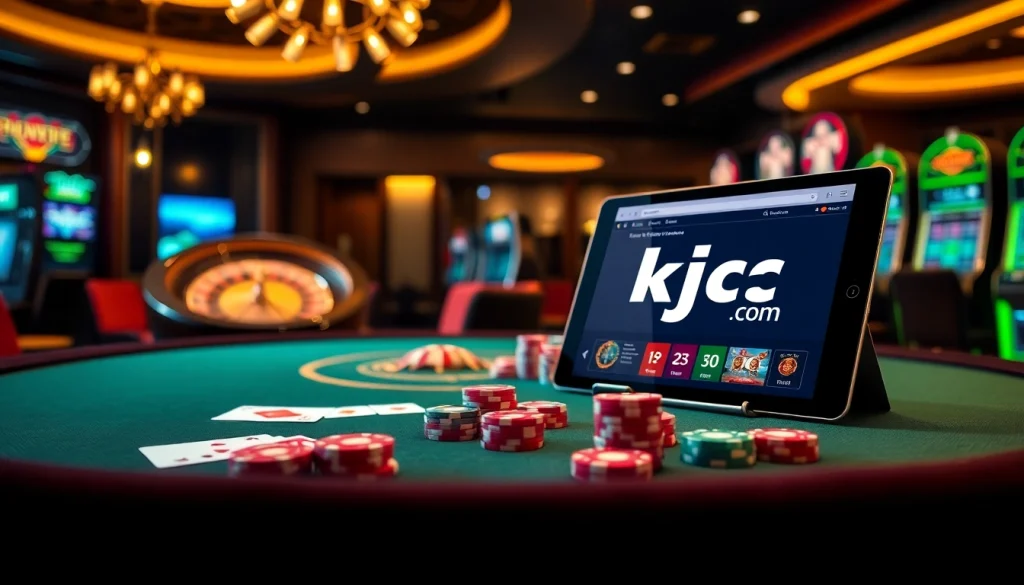 Gamble strategically with exciting poker chips at kjc.com on a luxurious casino table.