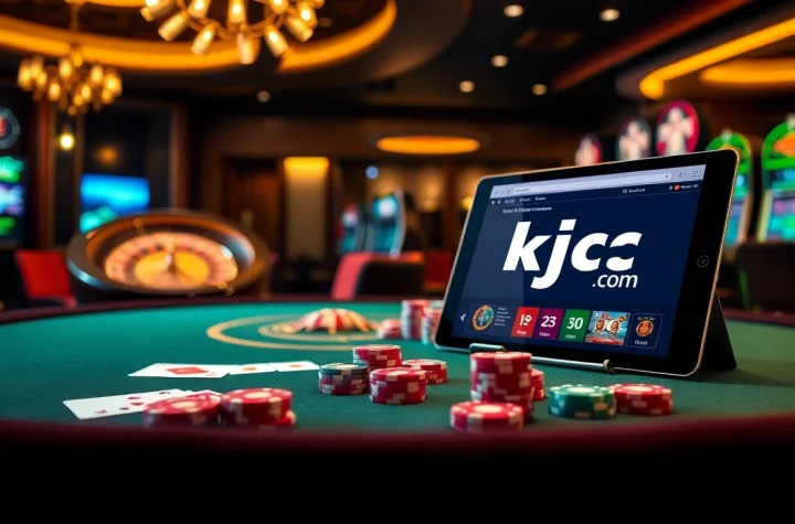 Gamble strategically with exciting poker chips at kjc.com on a luxurious casino table.