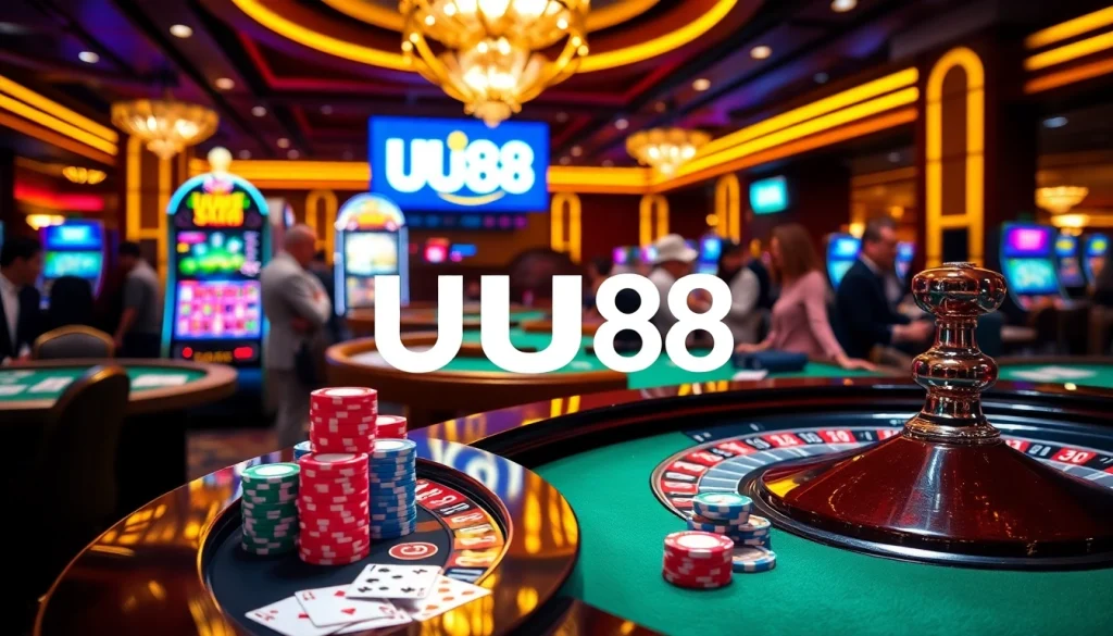 Exciting gambling scene at UU88 casino with roulette, slot machines, and lively players.