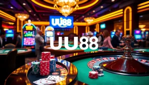 Exciting gambling scene at UU88 casino with roulette, slot machines, and lively players.