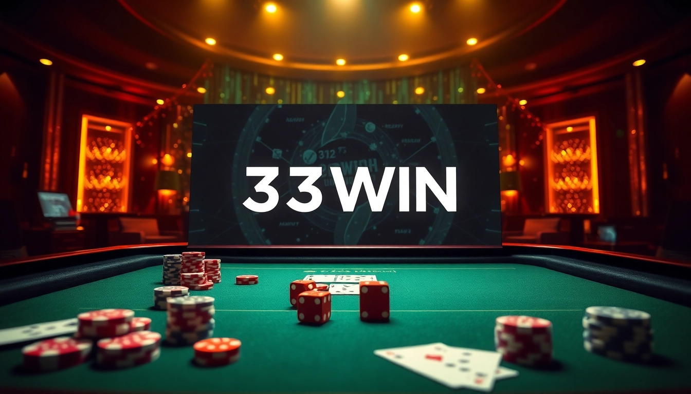 Experience the thrill of online gambling with 33WIN featuring casino tables and vibrant chips.