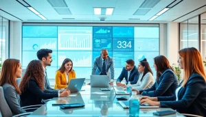 Showcasing an AI automation agency in UK, a modern workspace with a diverse team engaging in automation projects.