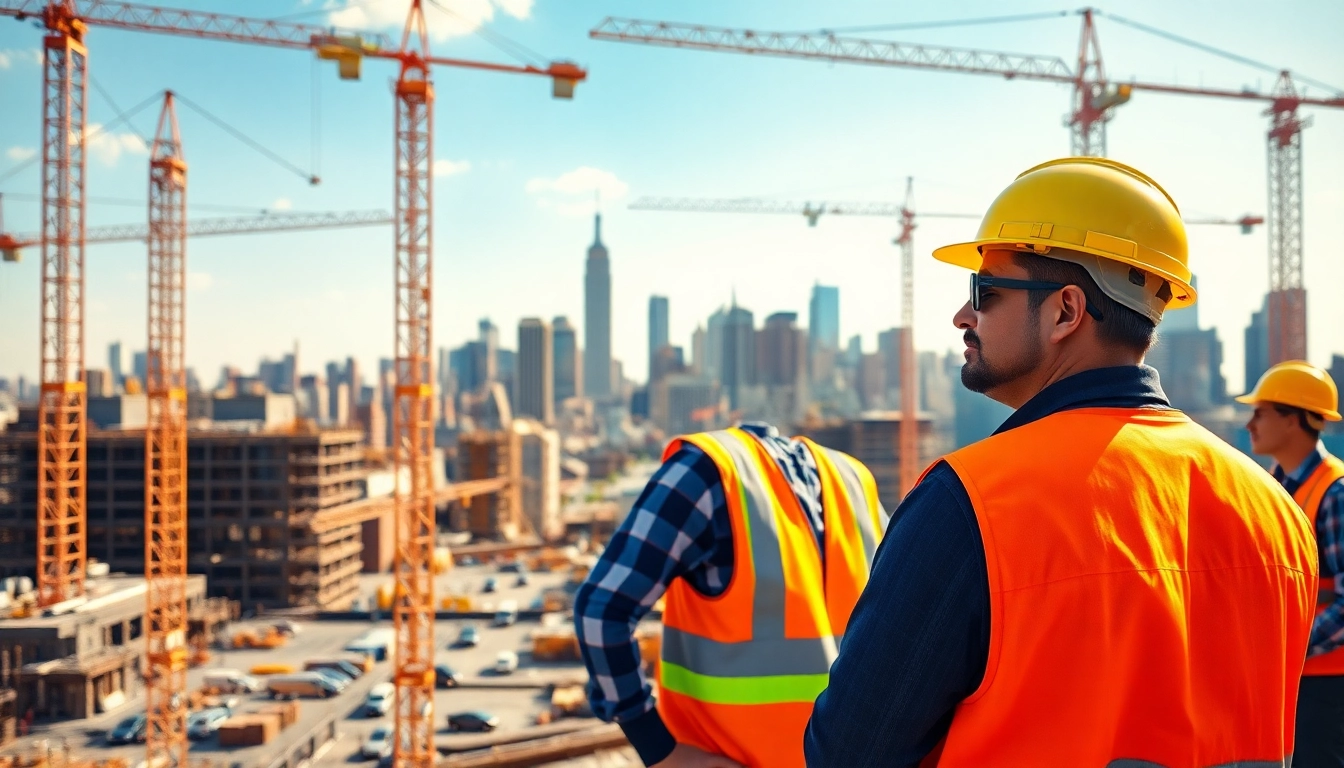 New York Construction Manager leading a team on a thriving construction site in New York City.
