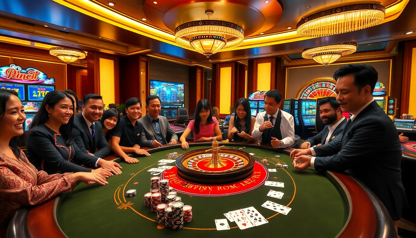 The excitement of playing at Trang Chủ XIN88 in a professional casino atmosphere with vibrant tables and engaged players.