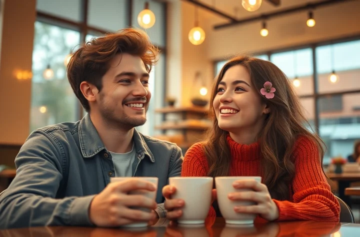 Cozy coffee shop scene illustrating a crush on someone with two friends sharing a laugh.